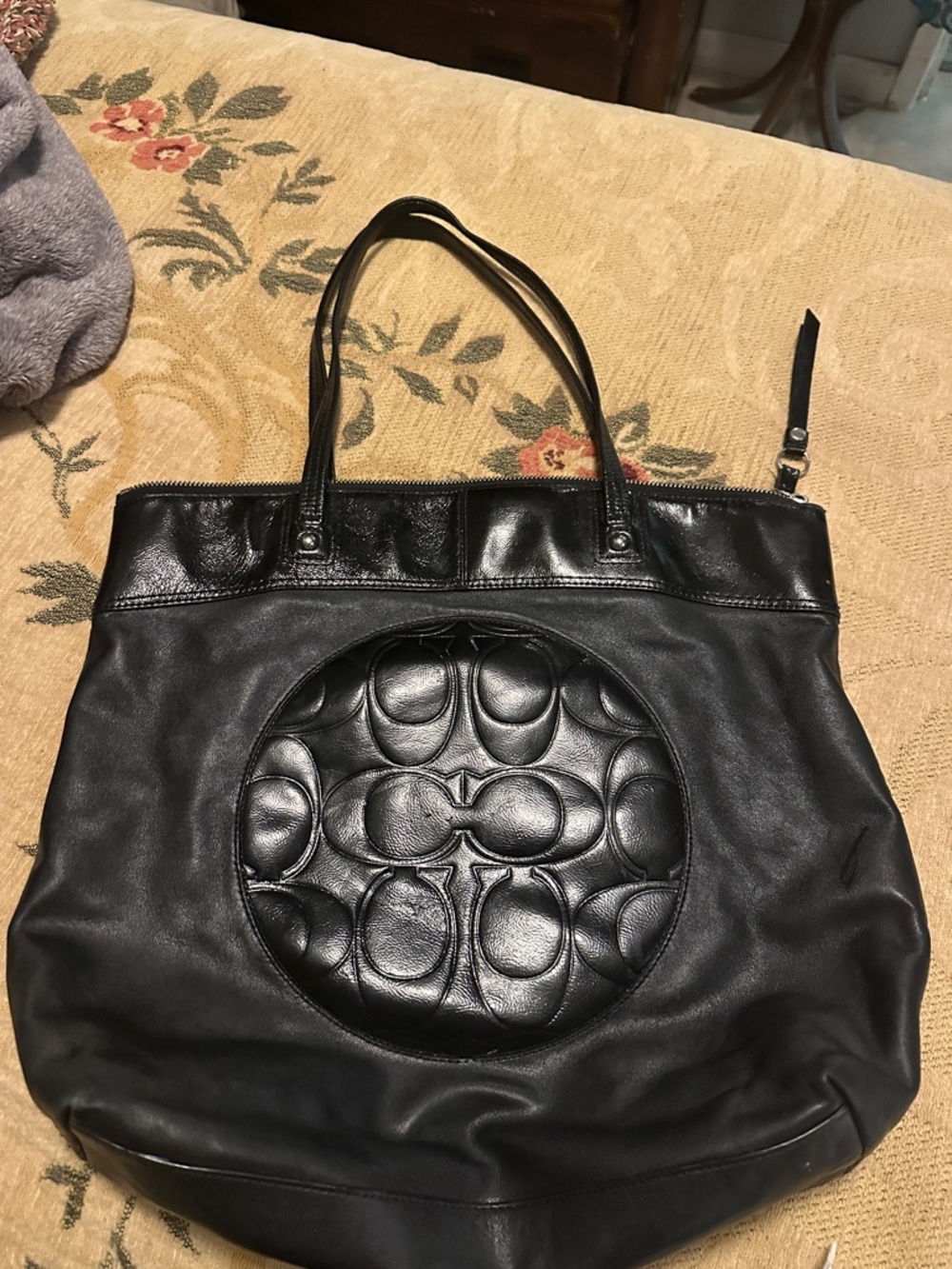 Coach Black Leather Tote with Embossed Circle Logo